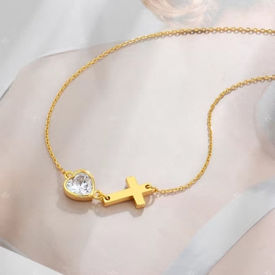 YASVITTI Bezel Heart Cubic Zirconia Necklace 925 نقره کلاسيک کراس ساده گردنبند 18K طلا شده کارخانه عمده فروشي