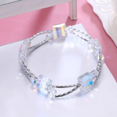 دستبند نقره ای مصنوعی کشویی 3 لایه 2.6in 0.38oz دستبند کریستال مربعی