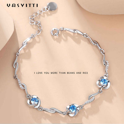 دستبند طلا و جواهر نقره ای 7.3 اینچ 5.2 گرم AAA CZ Blue Rhinestone