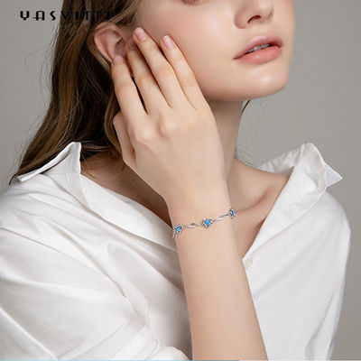 دستبند طلا و جواهر نقره ای 7.3 اینچ 5.2 گرم AAA CZ Blue Rhinestone