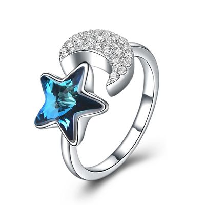 حلقه نقره ای 9mm حلقه ماه و ستاره 5A Cubic Zirconia 925 حلقه ماه و ستاره