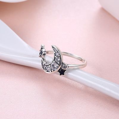 حلقه باز Dainty Star And Crescent Moon 925 نقره برای زنان دختر نوجوان کریستال حلقه ابدیت