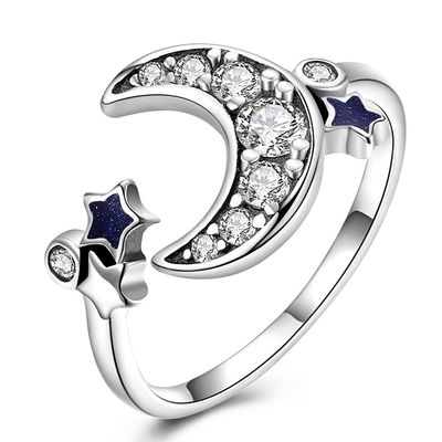 حلقه باز Dainty Star And Crescent Moon 925 نقره برای زنان دختر نوجوان کریستال حلقه ابدیت